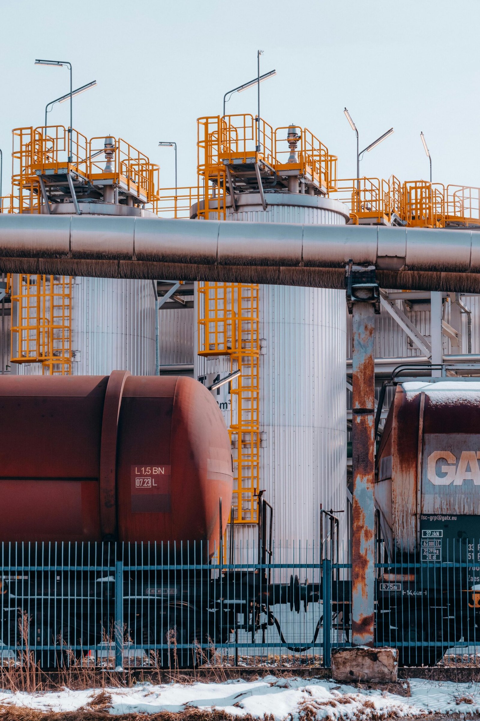 Industrial fuel storage tanks and pipelines in Trzebinia, Lesser Poland Voivodeship, Poland.